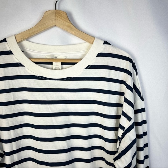 H&M White & Blue Stripe Drop Shoulder Boyfriend Long Sleeve T-Shirt M - Picture 3 of 4